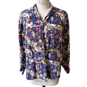 Vintage Nautical Print Silk Button Down Blouse Size Petite Small
